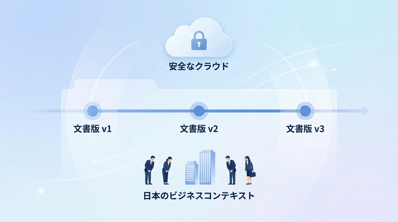 書類のバージョン管理の概念図：v1からv3への変遷と各バージョンの保存
