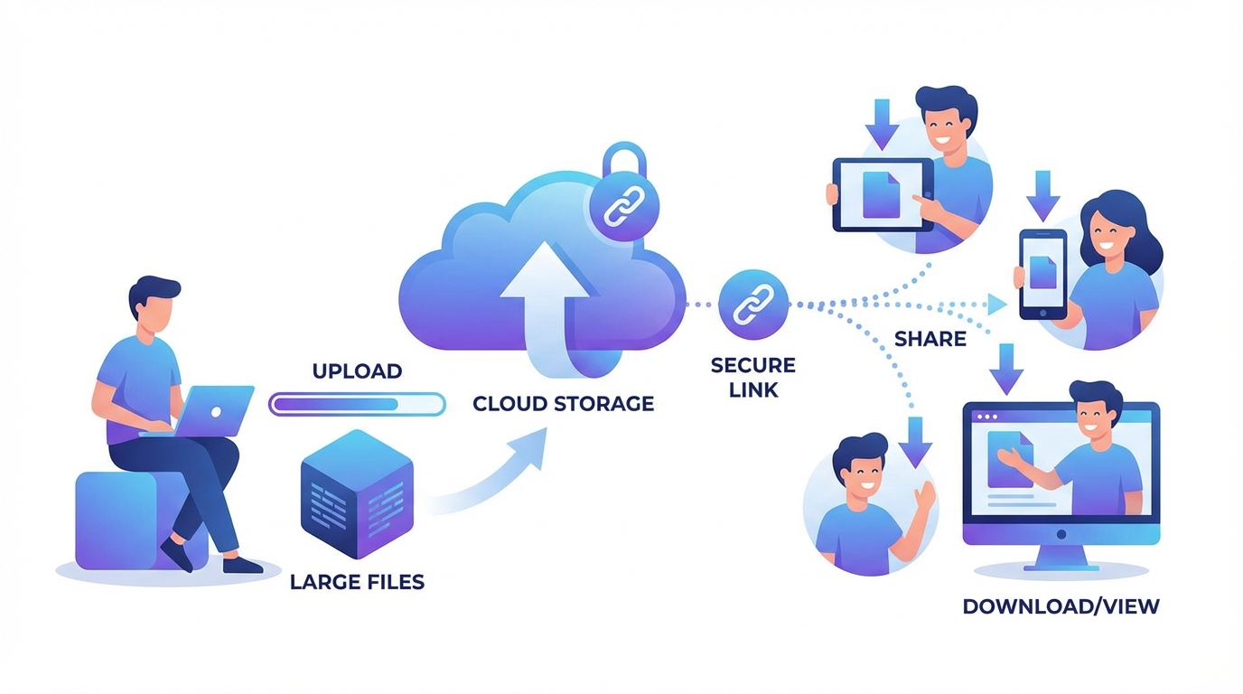 クラウドストレージのリンク共有ワークフロー、ファイルをクラウドにアップロードして安全なリンクを共有するイラスト
