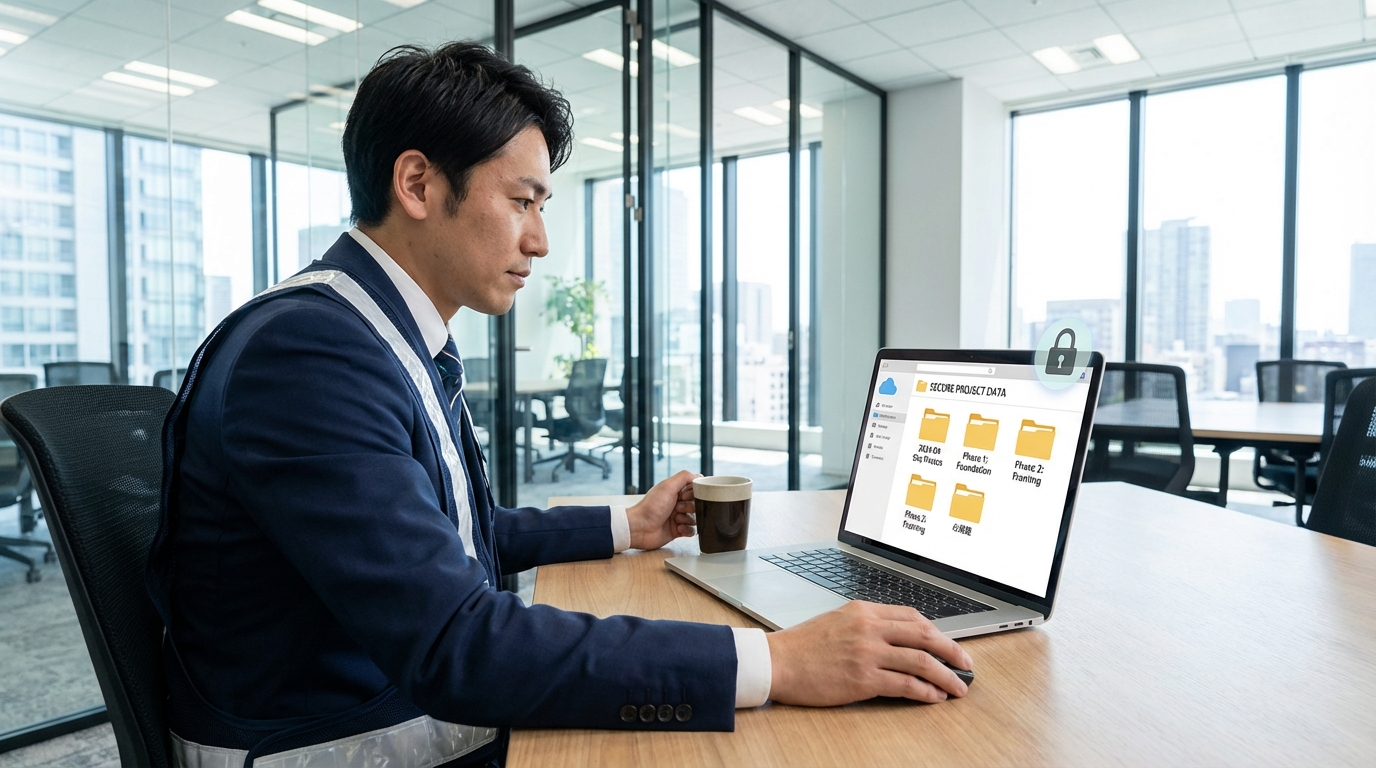 クラウドストレージで建設現場の工事写真を整理・管理するイメージ